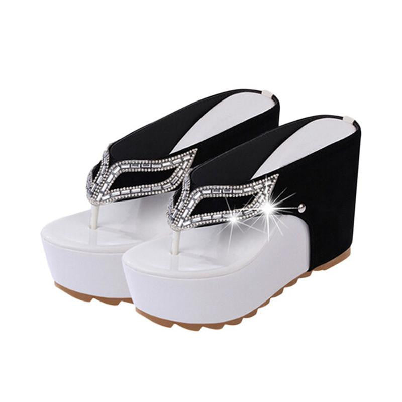 Thick Bottom Platform Flip Flops Rhinestone Wedge Heel Shoes Patchwork Woman Sandals XWZ1953