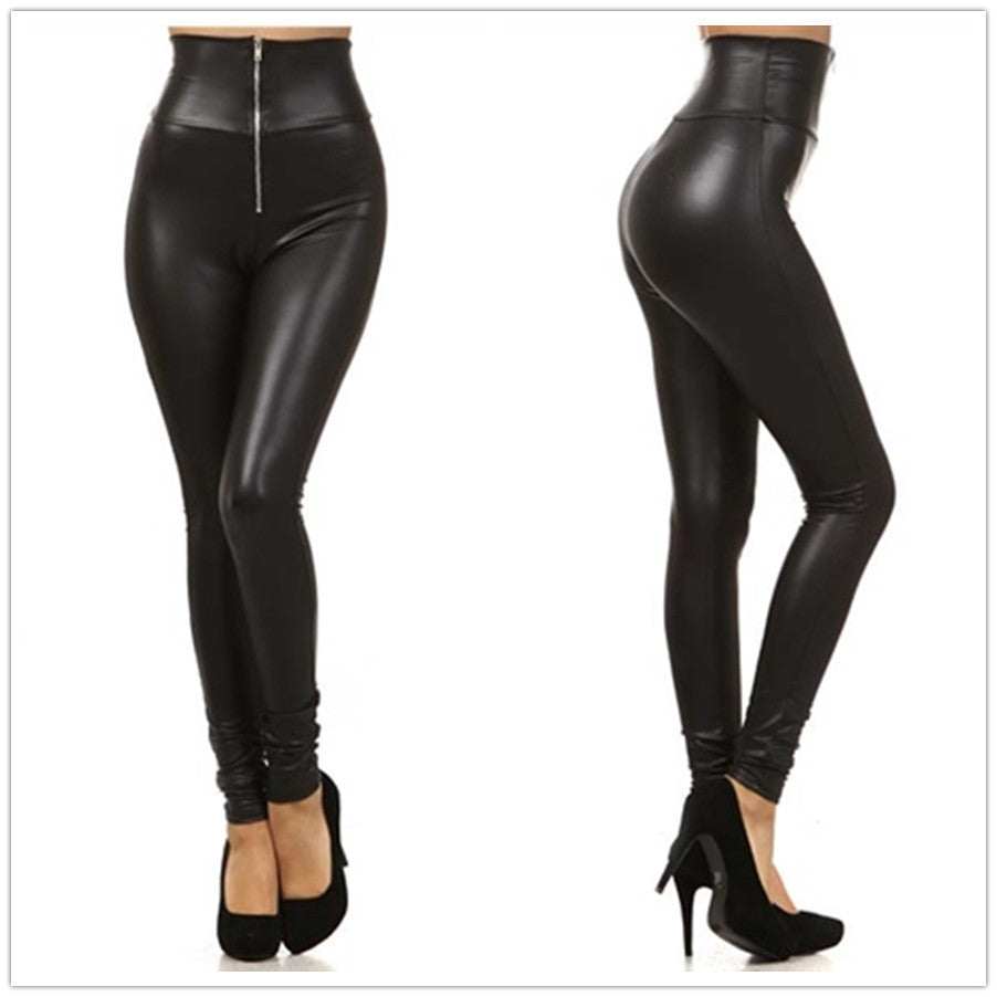 Faux Leather Leggings Fashion High-waist Stretch Material Women Leggings Women Skinny Pants Zipper Jeggings LG001