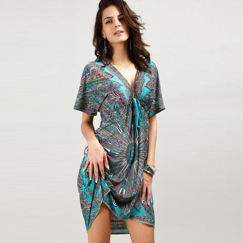 Online discount shop Australia - Bohemian Summer Style Women Short Sleeve Deep V Neck Casual Fashion Print Mini Sexy Beach Dresses Plus Size