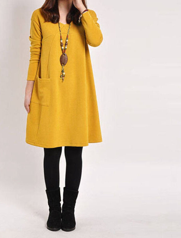 Online discount shop Australia - 5 Color Vestidos Autumn Women Long Sleeve Pockets Dress Ladies Casual Loose Solid V Neck Dresses Plus Size