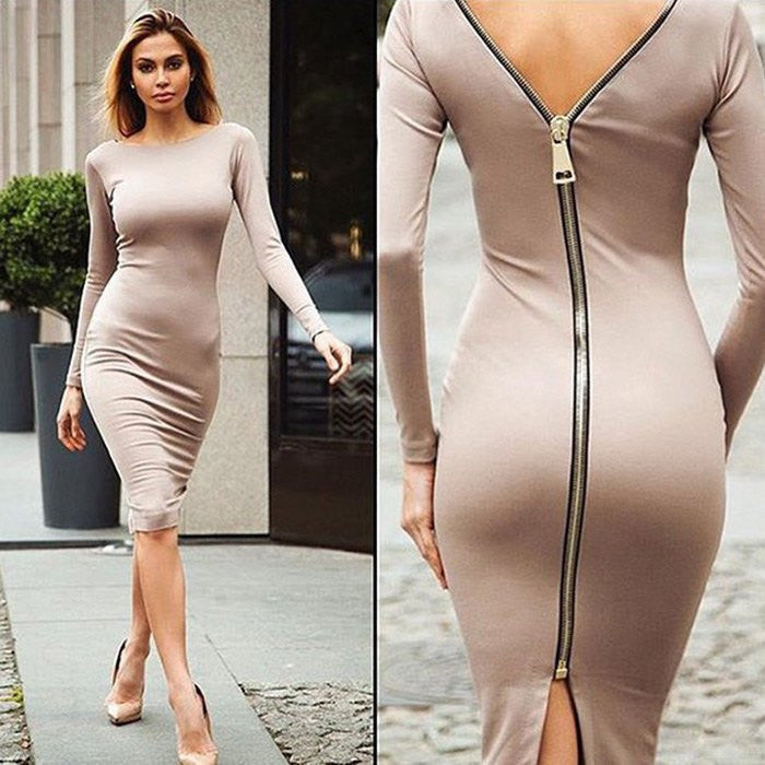Online discount shop Australia - Autumn Maxi Simple Round Collar Knee-Length Sexy Elegant Dress Long Sleeve Full Zipper Tight Design Fitted Dresses Women Vestido