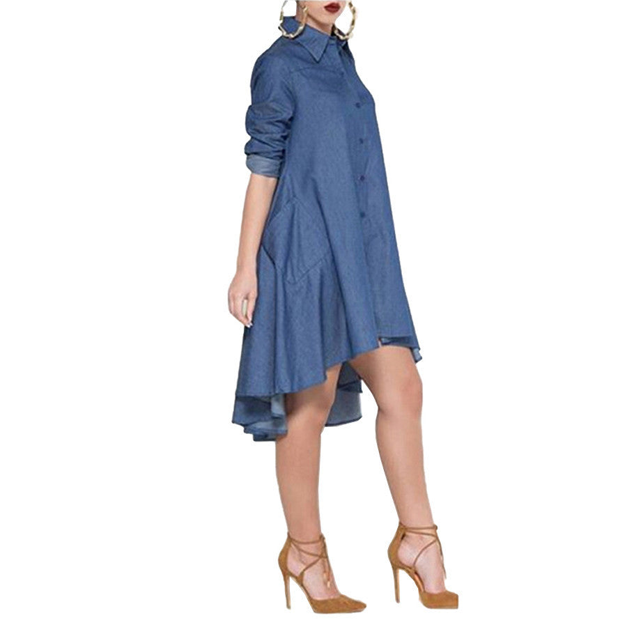 Online discount shop Australia - Elegant Casual Style Women Loose Dress Fashion Turn Down Neck Long Sleeve Denim Jeans Lady Shirt Dresses
