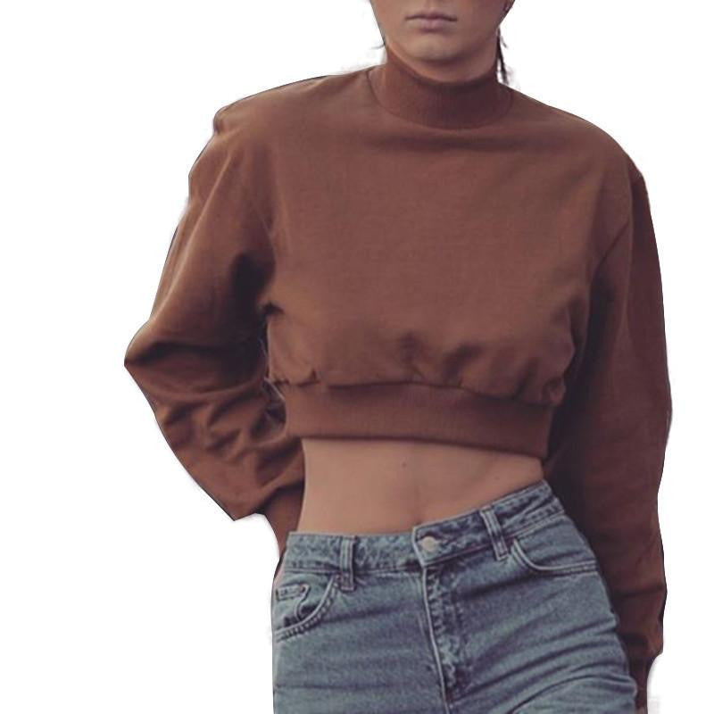 Online discount shop Australia - Fashion Women Long Sleeve Loose Straight Sweatshirt Casual Slim Brown High Neck Crop Top Sweatshirt