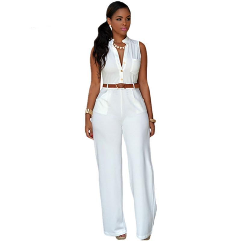Wide Leg Jumpsuit Long Plus Size Romper Monos Largos De Mujer Belted White Jumpsuit For Women 60932