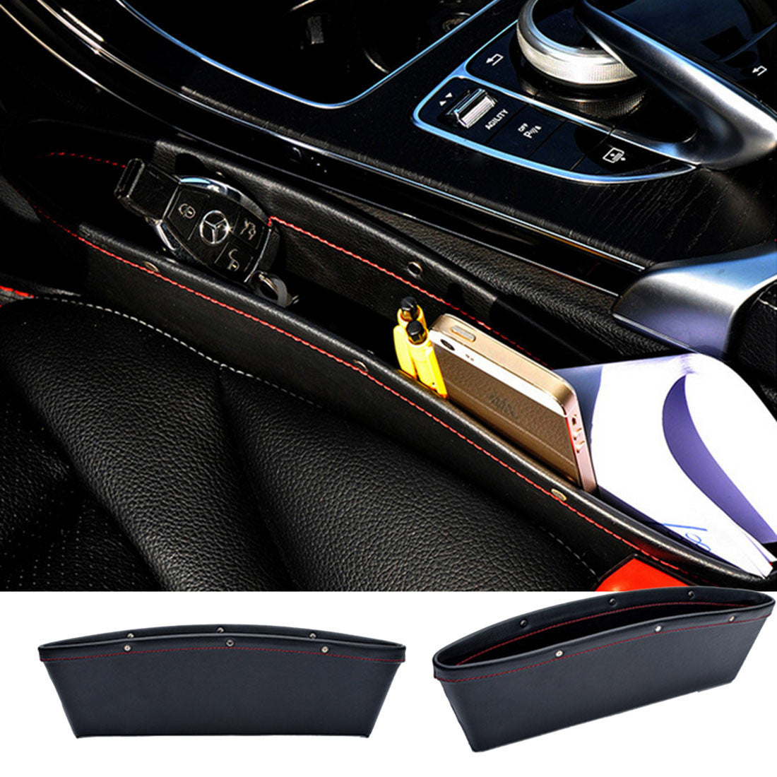 PU Leather Car Seat Gap Pocket Holder Organizer Caddy Catcher - Catch Store All Drop Items Between Car Seat and Console - Beige