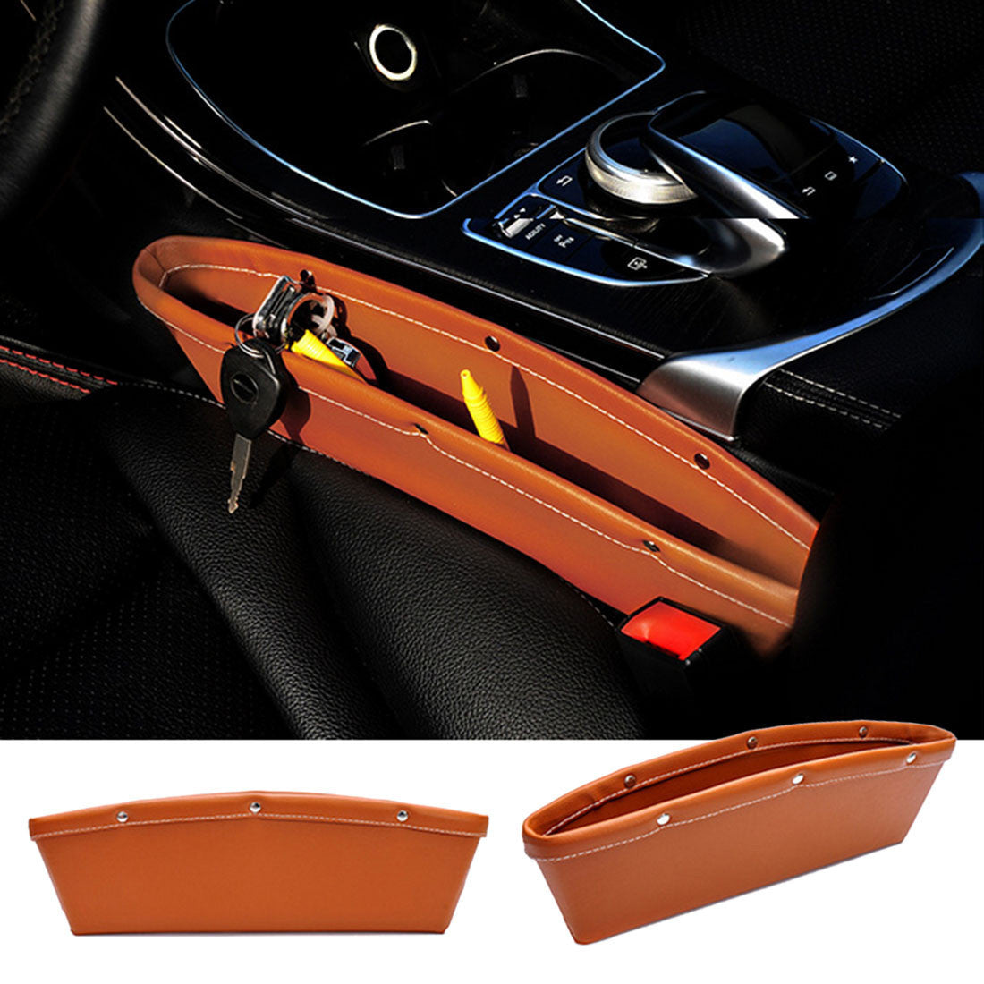 PU Leather Car Seat Gap Pocket Holder Organizer Caddy Catcher - Catch Store All Drop Items Between Car Seat and Console - Beige