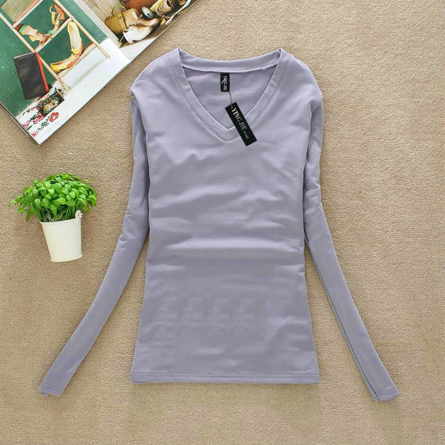 Women T-shirt Slim sexy v-neck long sleeve T-shirt Women Pure color