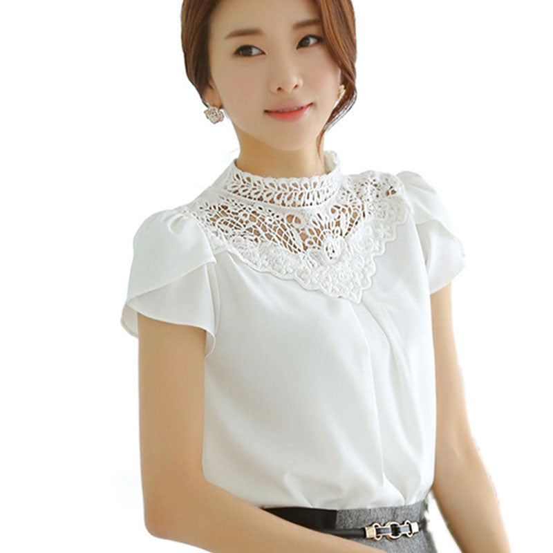 Online discount shop Australia - Elegant White Tops Women Chiffon Lace Blouse Vintage Lotus Leaf Sleeve Crochet Lace Shirt Women Lace Tops Plus Size XXL