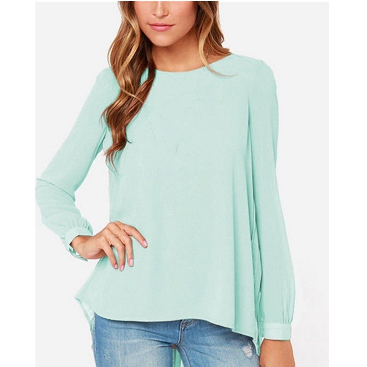 Online discount shop Australia - Fashion Women Chiffon Blouses Casual Shirt Long Sleeve Pleated Back Blouse Plus Size XS-5XL