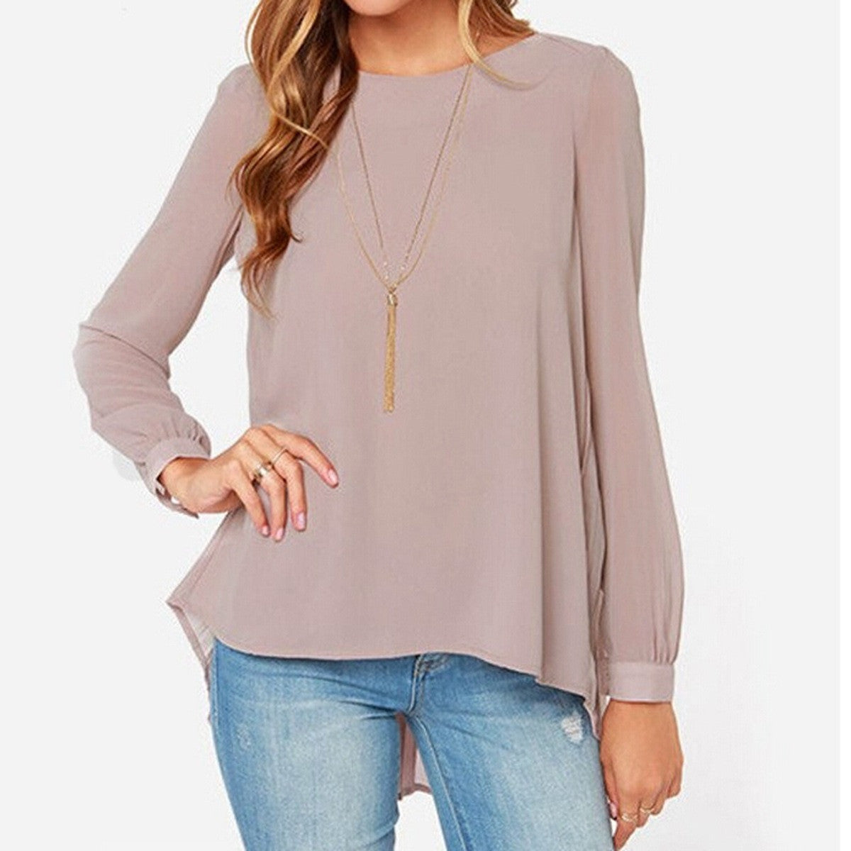 Online discount shop Australia - Fashion Women Chiffon Blouses Casual Shirt Long Sleeve Pleated Back Blouse Plus Size XS-5XL