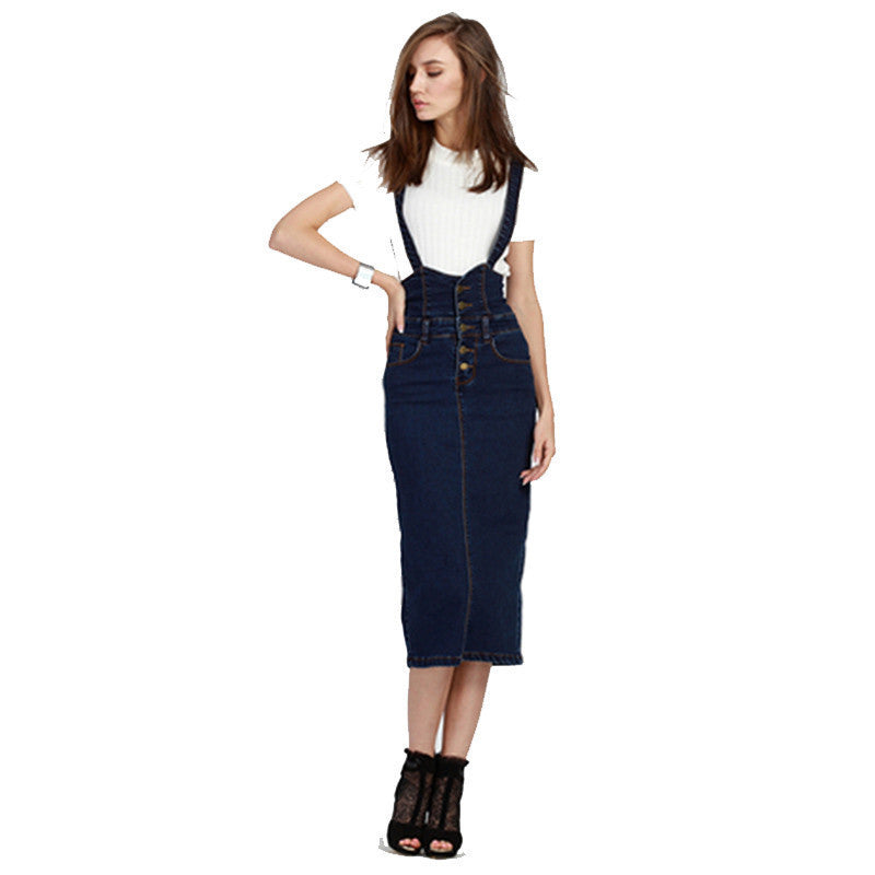 Online discount shop Australia - Denim Suspender Skirt for Women Long Elastic Slim Casual Sexy Back Split A-line Plus Size High Waist Jeans Skirts Womens