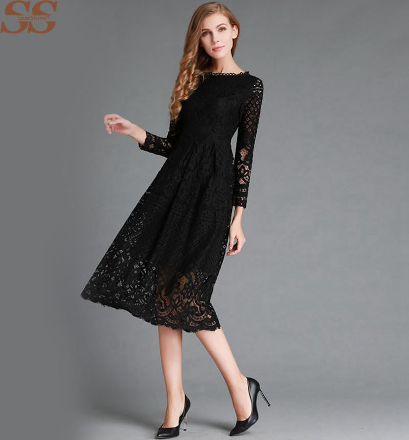 Women White Lace Hollow Out Long Dresses Femme Casual Clothing Women's Slim Party Dress