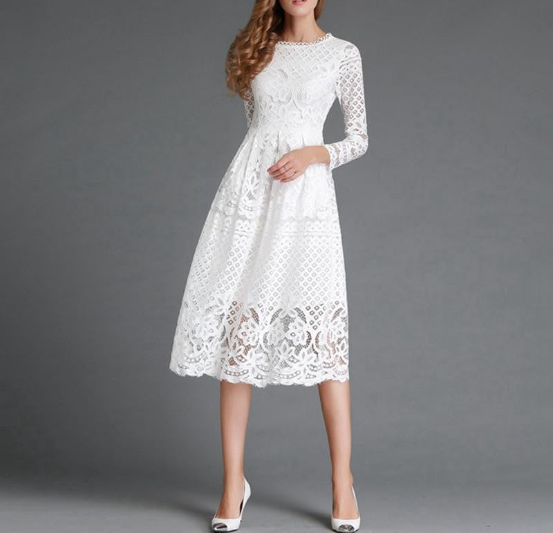 Women White Lace Hollow Out Long Dresses Femme Casual Clothing Women's Slim Party Dress