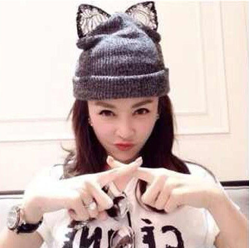 Winter Beanie Devil Cat Ear Lace Diamond Hat Crochet Braided Gorro Elastic Knitted Warm Ski Cap Beret Women Beanies 1MZ0500 - CelebritystyleFashion.com.au online clothing shop australia