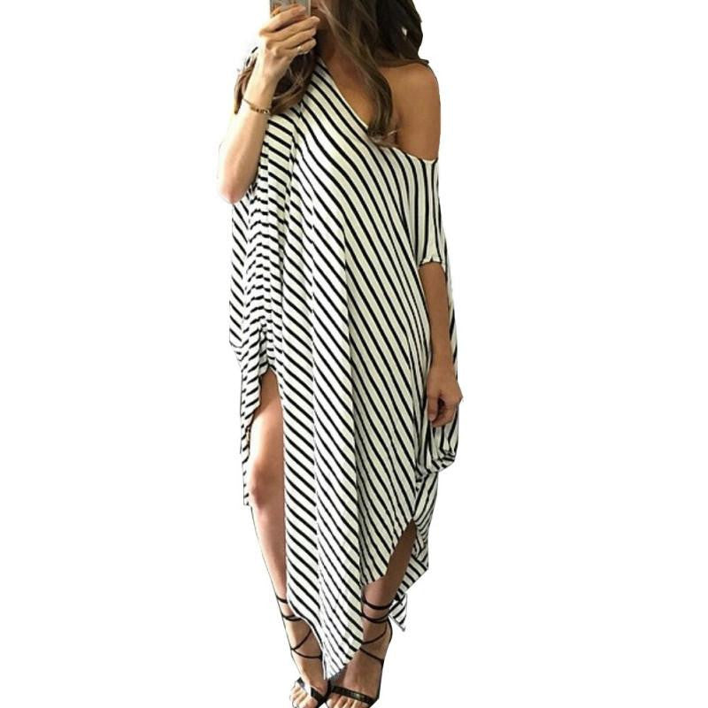 Women Loose Long Maxi Dress Striped Batwing Sleeve Off shoulder Split Casual Beach Dresses Wear Plus Size Vestidos