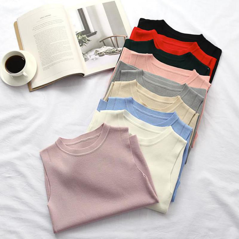 Ocean-q 9 Color Solid High Knitted Elastic Base Sleeveless Vest Ladies Halter Crochet Tank Top Women