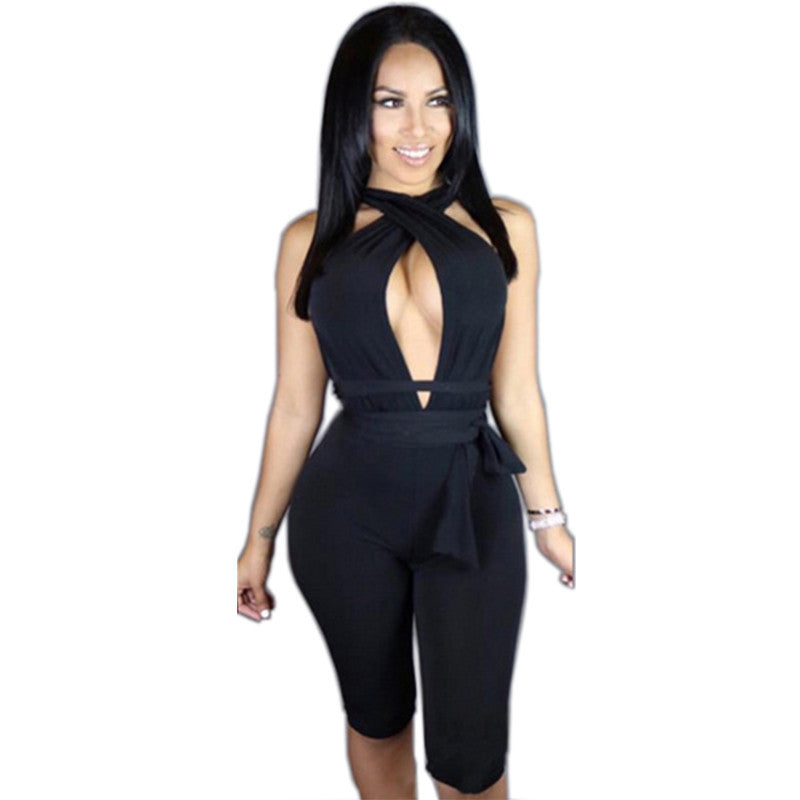 Backless Deep Plunge Wrap Jumpsuit Bodysuit Playsuit -  - 1