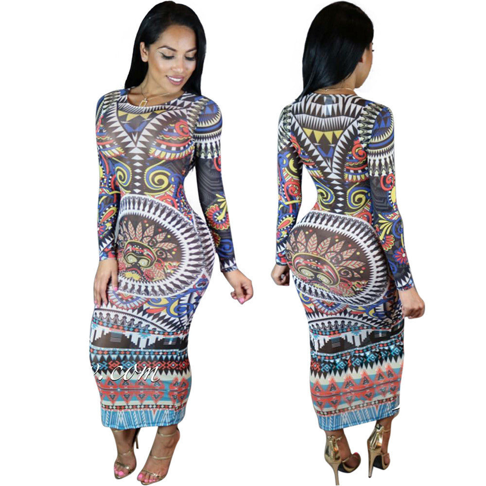 Vintage Long Sleeve Print Midi Length Dress - CELEBRITYSTYLEFASHION.COM.AU