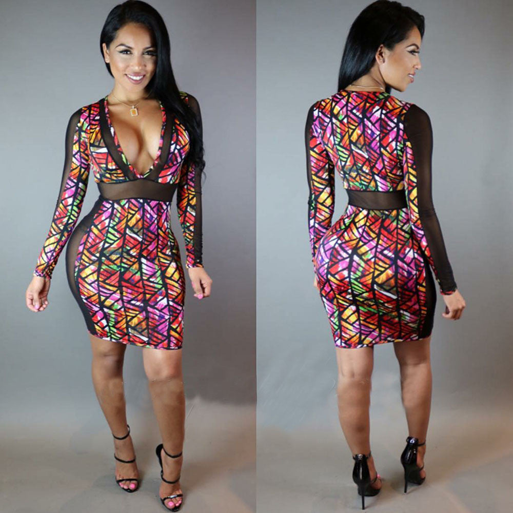 Summer Digital Printed Mesh Patchwork Vintage Baroque Style Deep V-Neck Bandage Party Dress -  - 2