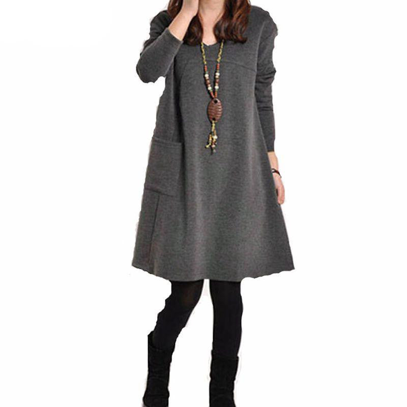 Zanzea Autumn Winter Women Long Sleeve Pocket Dress Solid O Neck Casual Loose Dresses Vestidos Plus Size S-5XL