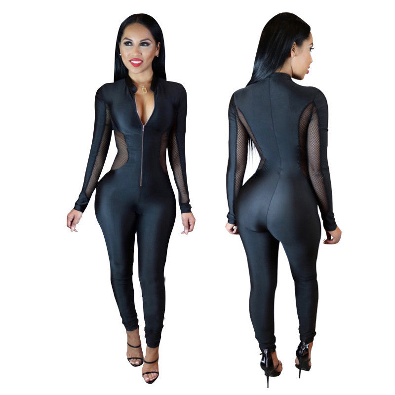 Stretch Black Mesh Sheer Patchwork Turtleneck Jumpsuit -  - 1