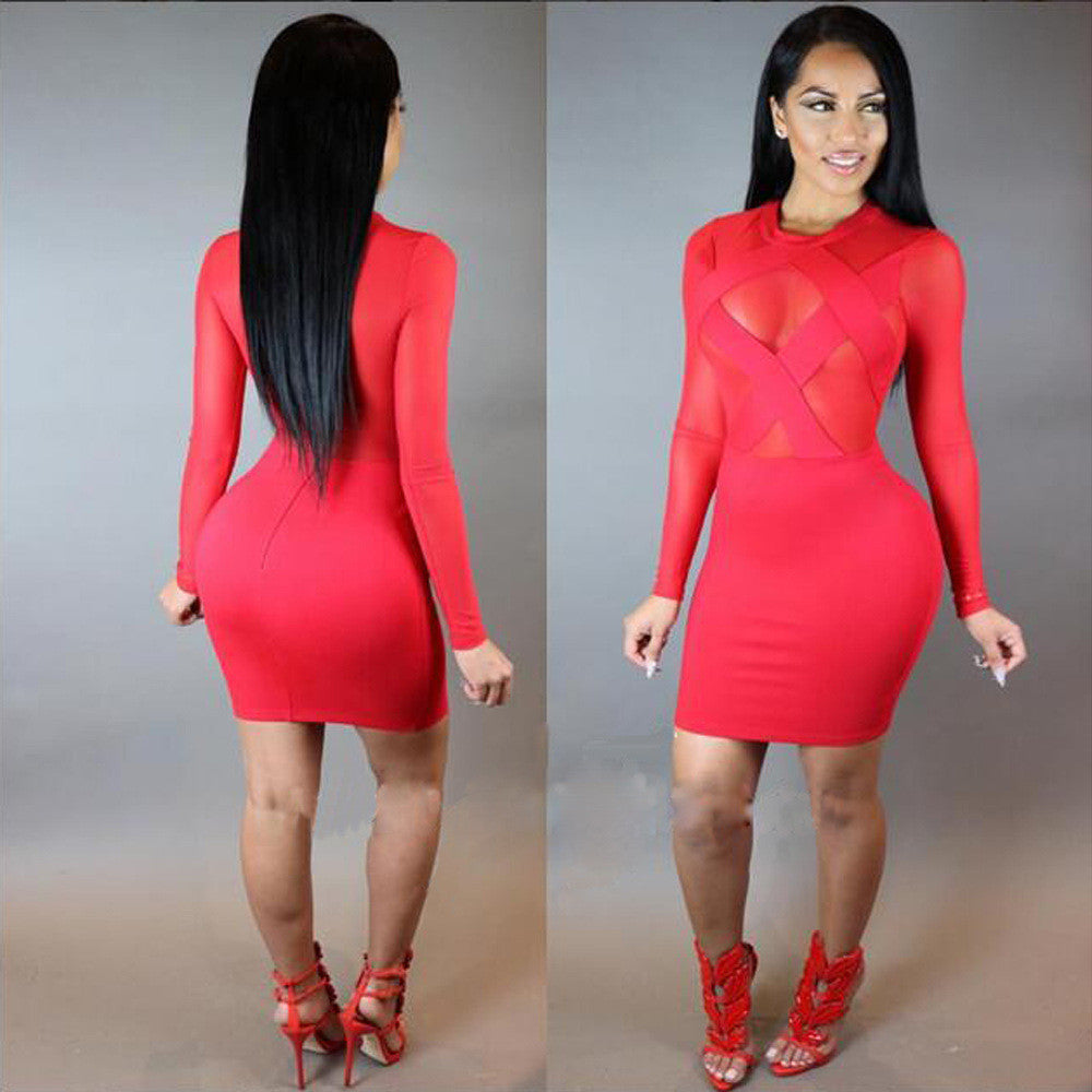 Long Sleeve Mesh Patchwork Cross Sheer Party Dress - CELEBRITYSTYLEFASHION.COM.AU - 3