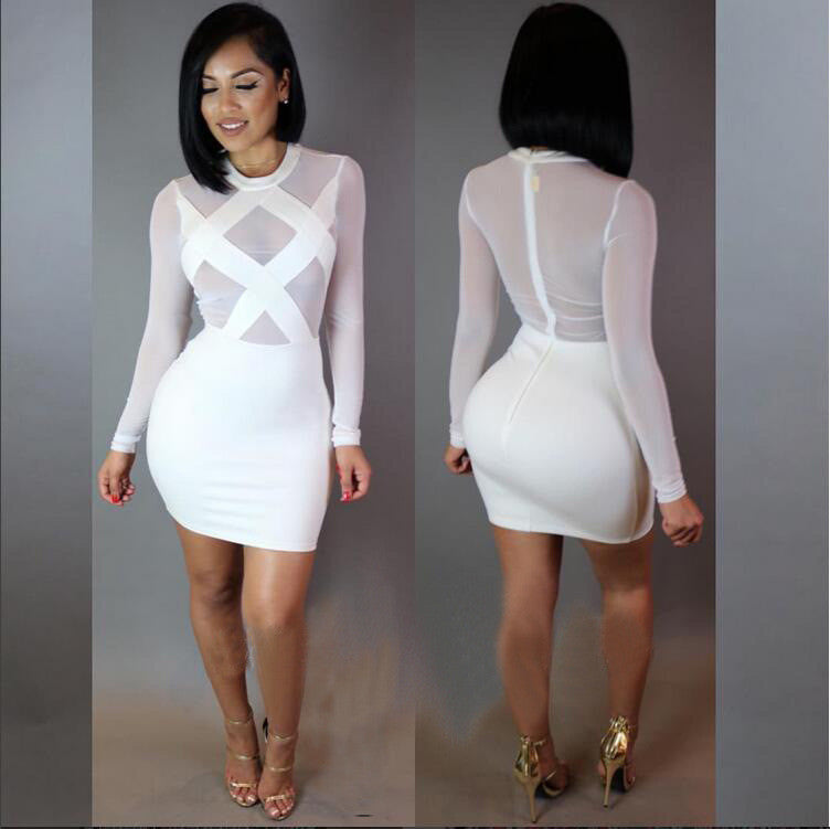 Long Sleeve Mesh Patchwork Cross Sheer Party Dress - CELEBRITYSTYLEFASHION.COM.AU - 4