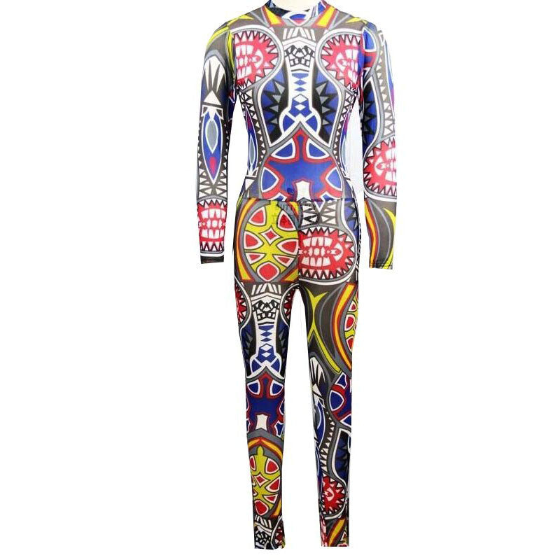 Plus Size Tribal Tattoo Printing Mesh Long Sleeve Bodysuit Celebrity Catsuit Playsuit - CELEBRITYSTYLEFASHION.COM.AU - 3