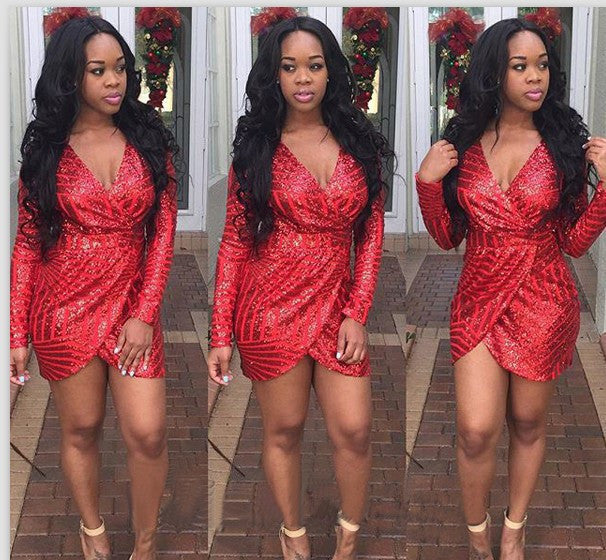 Geometric Luxury Sequins Deep Plunge Wrap Dress Mini Casual Party Dress - CELEBRITYSTYLEFASHION.COM.AU - 3