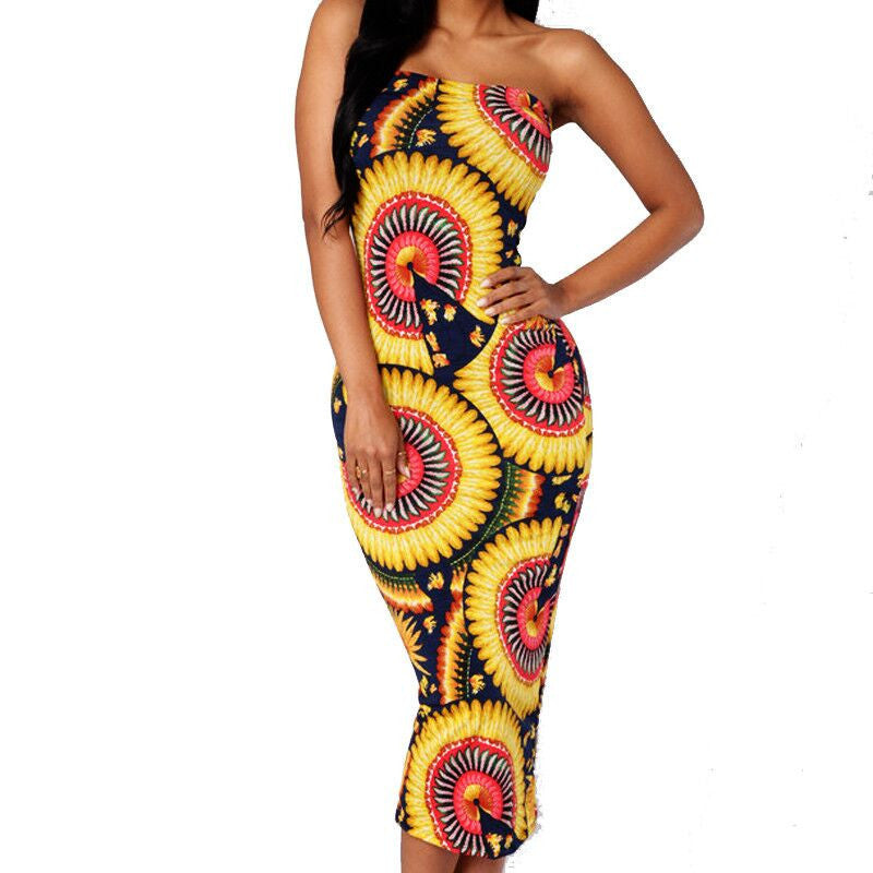 Yellow Printing Dress Off Shoulder Sleeveless Strapless Vintage Pencil Elegant Party Dress - CELEBRITYSTYLEFASHION.COM.AU - 2