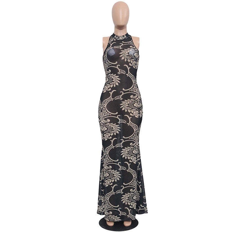 Off Shoulder Sleeveless Vintage Printed Silhouette Maxi Dress - CELEBRITYSTYLEFASHION.COM.AU - 2