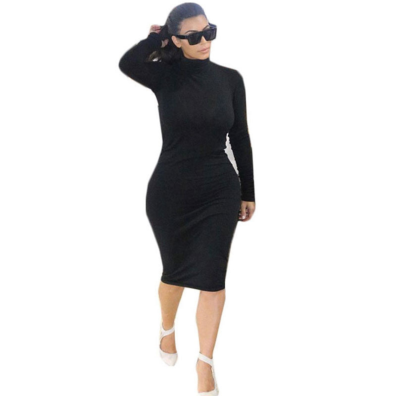 Online discount shop Australia - Kim Kardashian Dress Autumn Black Turtleneck Solid Party Dress Sexy Long Sleeve Bodycon Bandage Dress
