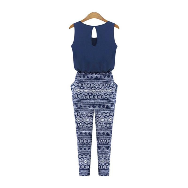 Women Print O-neck Sleeveless Jumpsuit Overalls Fashion Loose Slim Rompers Jumpsuits Playsuits