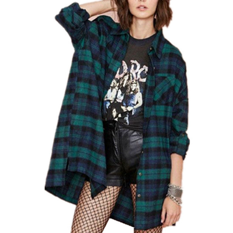 Shirts Fashion Women Casual Loose Blouse Classic Plaid Long Sleeve Tops Turn-down Collar