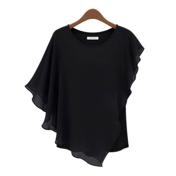Women Short Sleeve Bat Loose Chiffon Tops Asym Blouse