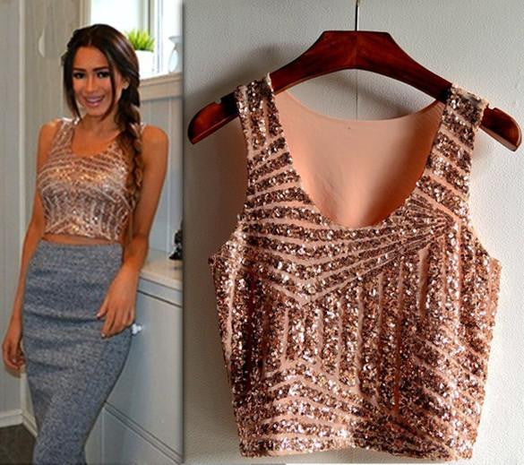 Women top Fashionable Striped Gauze Sequin Splicing Short Tank Crop Tops