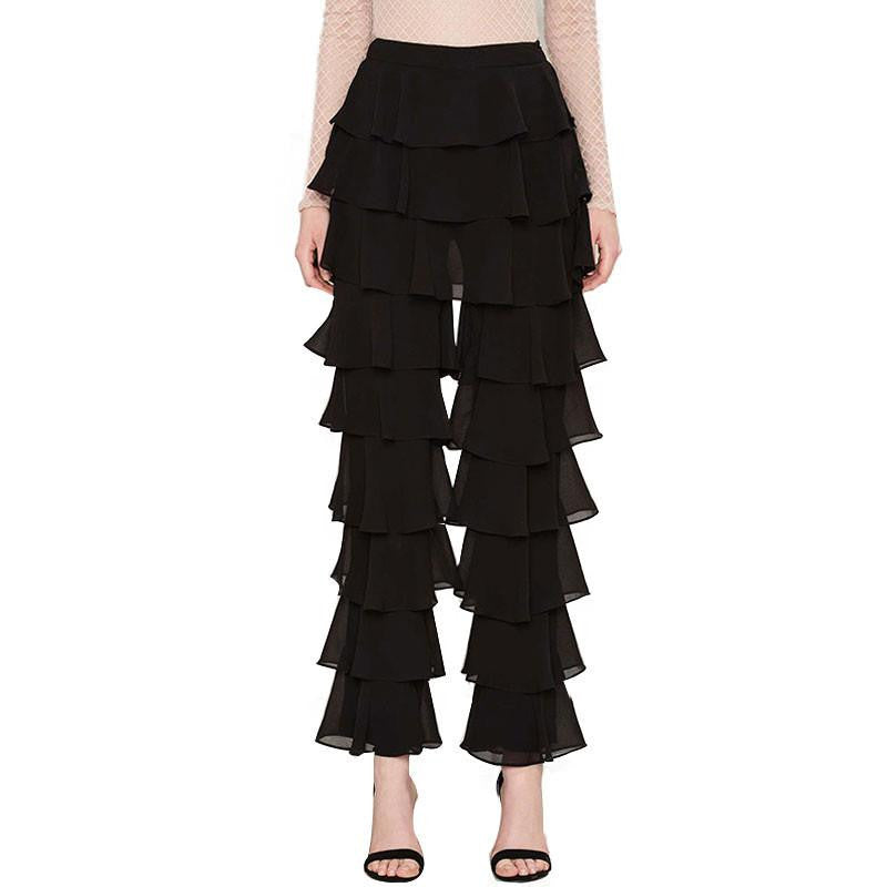Women Fashion Casual Loose Solid Black Ruffle Straigh Vintage Elegant Mid-rise Long Flare Pants