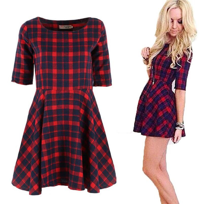 Women Red Plaid Dress Round Neck Summer Half Sleeve Fashion Mini Dresses Vestidos Y2