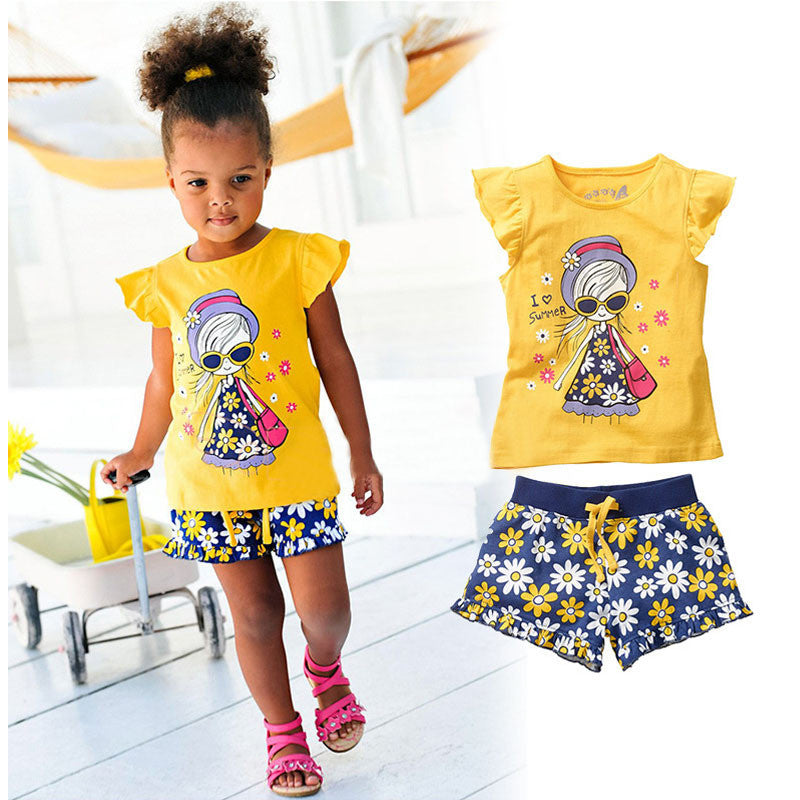 Girls Summer Casual Clothes Set Children Short Sleeve Cartoon T-shirt + Short Pants Sport Suits Girl Clothing Sets for Kids - CelebritystyleFashion.com.au online clothing shop australia
