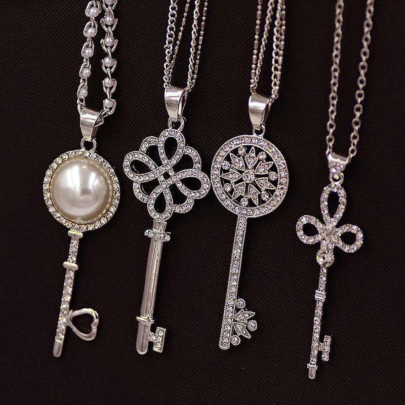 Online discount shop Australia - Brand Imitation Gold Silver Plated Luxury Crystal Full Rhinestone Fake Pearl Key Pendant Long Chain Necklace Women Jewelry