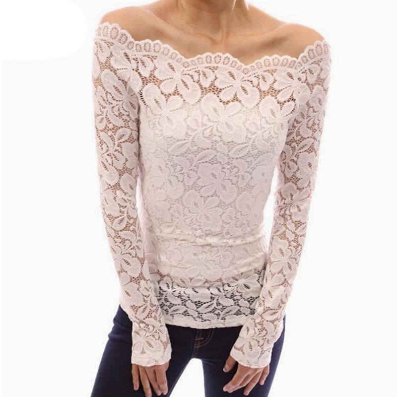 Women Off Shoulder Slash Neck Lace Solid Shirts Long Sleeve Slim Casual Tops Blouse Plus Size