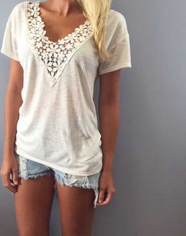 Online discount shop Australia - European Style  Women Fashion Short Sleeve Lace Flower V Neck White Shirts Casual Slim Basic Blouse Top