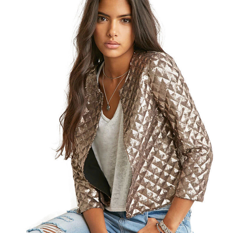 Women Gold Sequins Jackets Three quater sleeve Fashion Coats Outwears