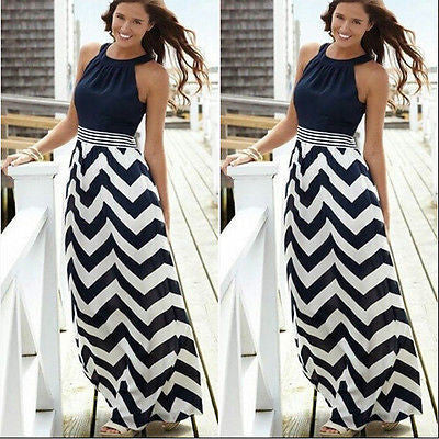 Women Summer Striped Boho Evening Party Long Maxi Beach Dress Chiffon Dresses