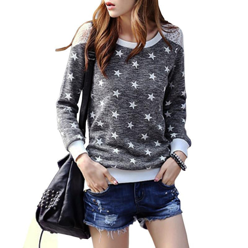 Women Lace Shirts Arrival Casual Patchwork Stars O-neck Long Sleeve Fashion Ladies Tops
