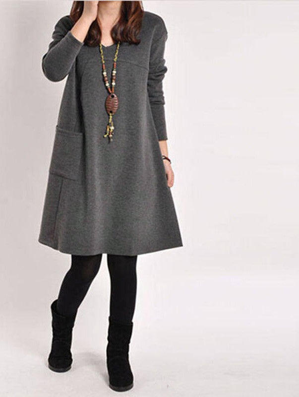 Online discount shop Australia - Long Blusas Women Long Sleeve Pocket Dress Solid O Neck Casual Loose Dresses Vestidos Plus Size S-5XL