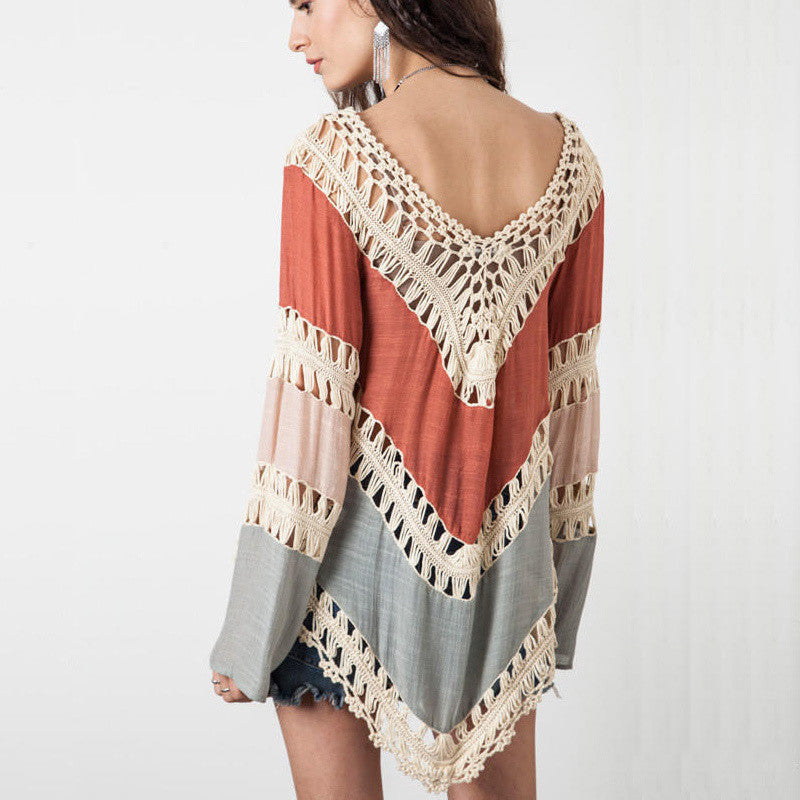 Online discount shop Australia - Bohemian Lace crochet t-shirts for women long flare sleeve splice fashion t shirt vintage handmade knitted female t-shirt