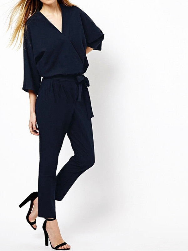 Online discount shop Australia - Fashion Women Jumpsuits Solid Color Bodysuit Half Sleeve V Neck Casual Style Elegant Ladies Long Romper Overalls