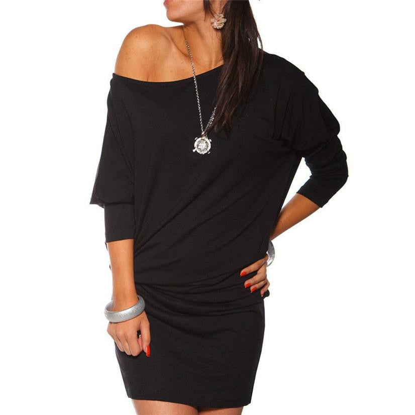 summer dress sexy slim Womens Long Sleeve Off Shoulder Mini Batwing Tunic Dress nor060722