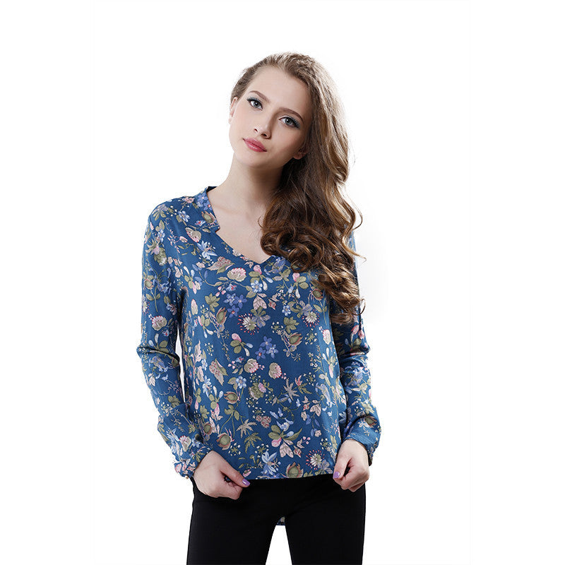 Women Vintage Floral Prints Long Sleeve V Neck Shirt OL Style Cotton Blouses Plus Size